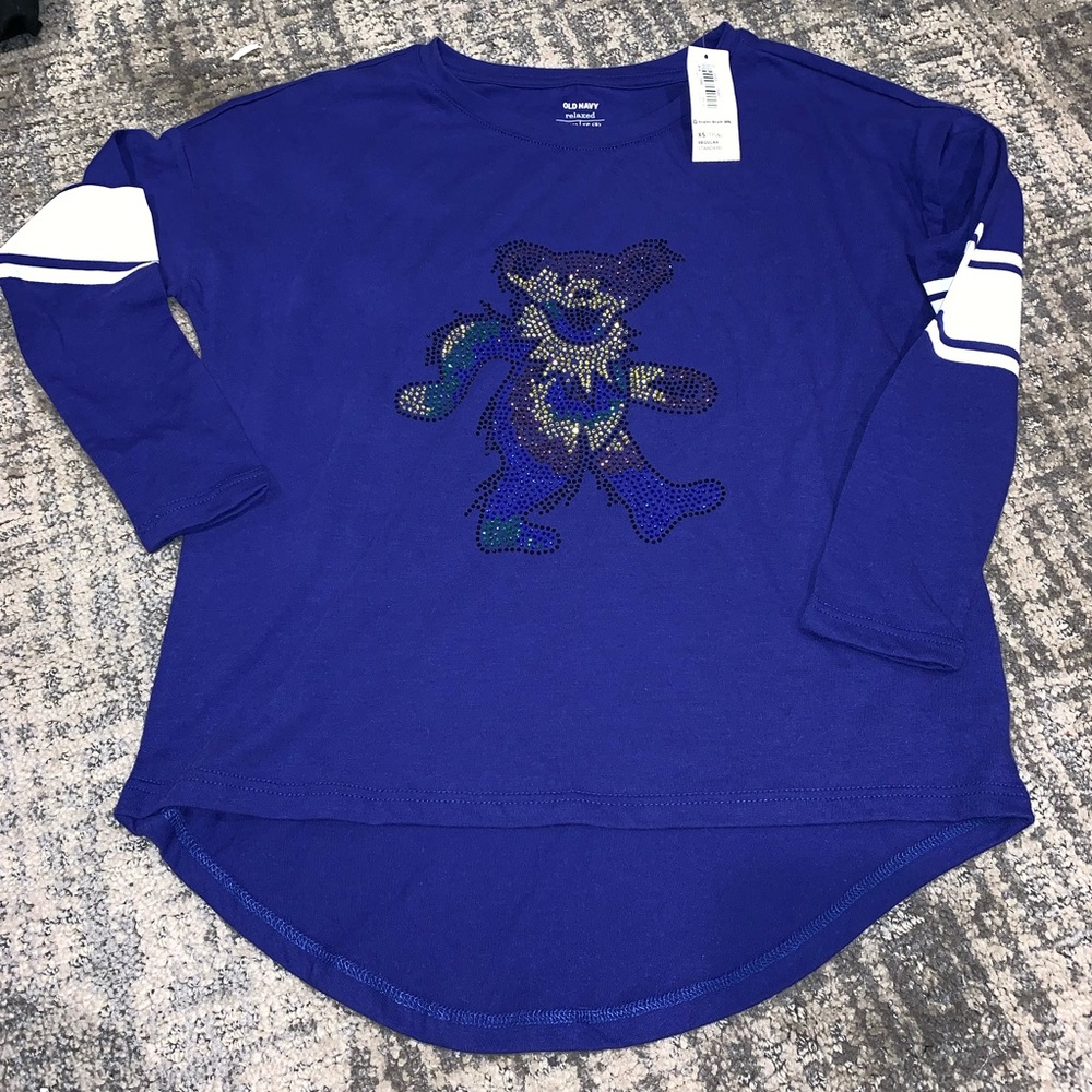 NWT Custom Boutique Blue Grateful Dead Bling Top 5